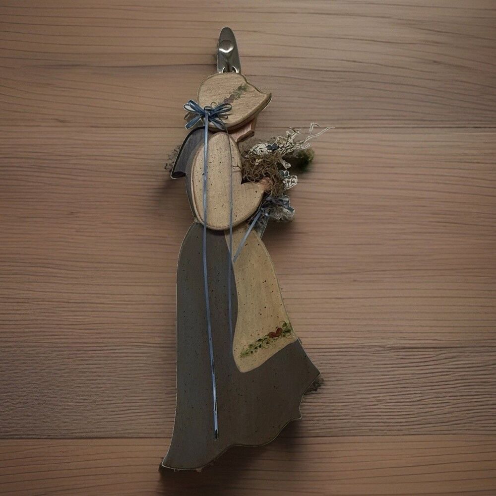 Vintage Folk Art Wooden Bonnet Girl Wall Hanging 3D Floral Country Blue Cottage